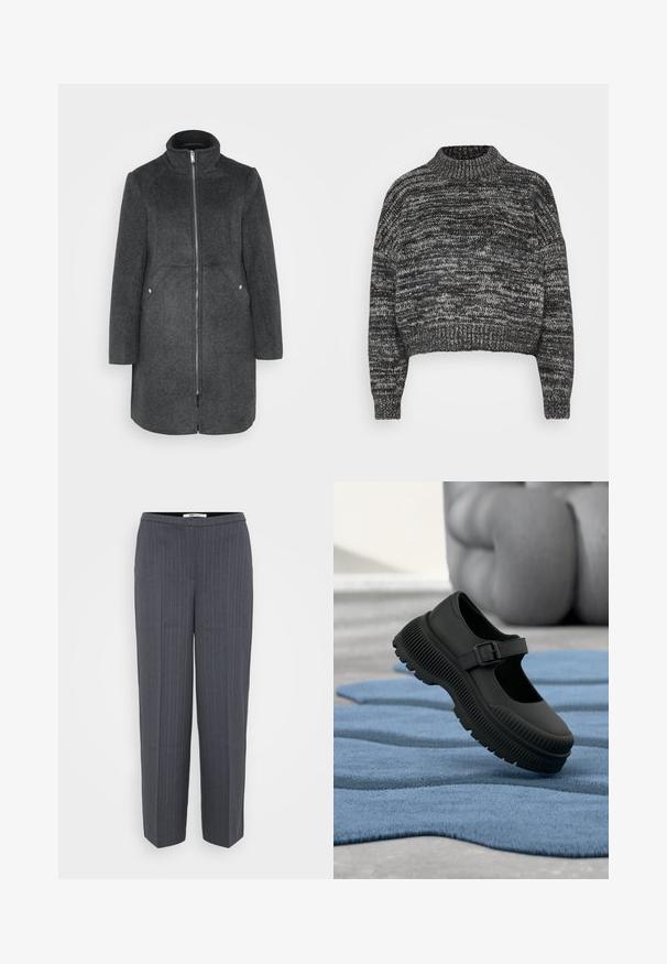 Abrigo de mezcla de lana gris oscuro con cuello alto, cierre frontal de cremallera y dos bolsillos laterales con acentos plateados. Silueta recta, hasta la rodilla.; Vero Moda Petite VMDAIMA - Jersey de punto - black/birch/silver; Pantalones de sastre a rayas gris oscuro con piernas rectas y cintura alta, presentados sobre un fondo claro y liso.; Zapato negro estilo Mary Jane con suela gruesa acanalada y correa con hebilla, sobre una alfombra azul texturizada con fondo desenfocado.
