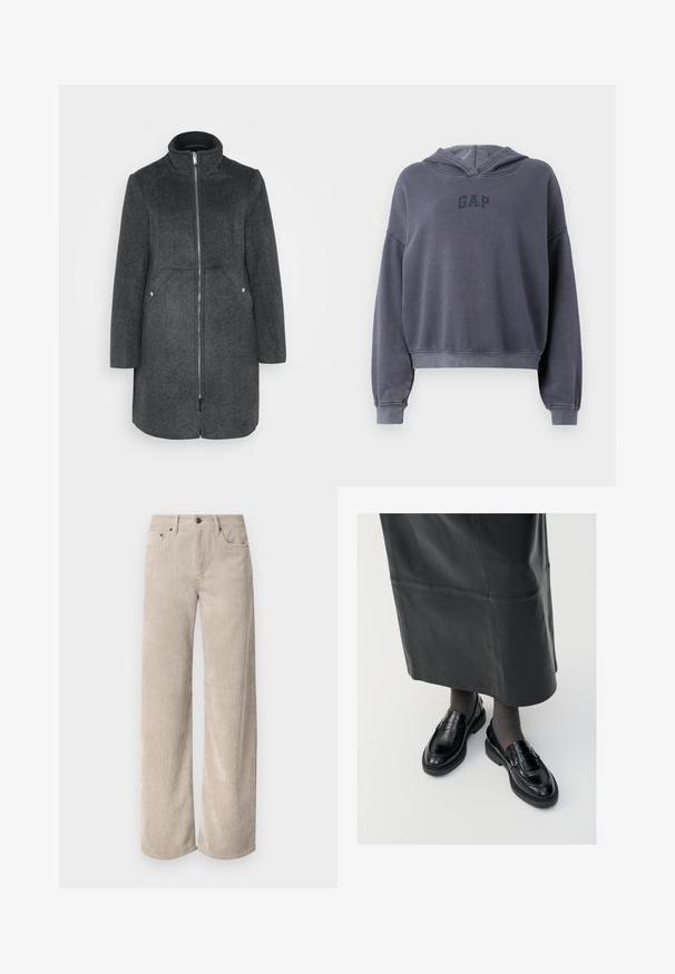 Mørkegrå uldblandingsfrakke med høj krave, frontlynlås og to sidelommer med sølvdetaljer. Lige silhuet, knælang.; Grå cropped hoodie lavet af blødt stof, med et mørkegråt "GAP" logo på brystet, lange ærmer og hætte.; Beige corduroy bukser med vidde og lodrette striber, der har knaplukning og frontlommer. Blødt, tekstureret stof med en afslappet pasform.; Sorte læder loafers med en glat finish, prydet med en dekorativ rem, rund tå og tekstureret sål. Båret med en lang sort læderskirt.