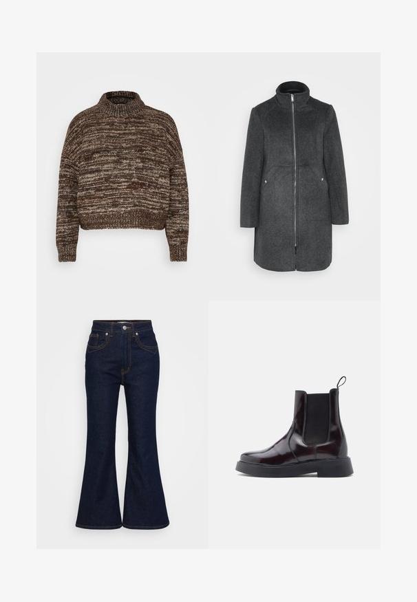 Manteau en mélange de laine gris foncé avec col montant, fermeture éclair à l'avant et deux poches latérales avec accents en argent. Silhouette droite, longueur genou.; Vero Moda Petite VMDAIMA - Pullover - chocolate torte/silver mink/gold; Jeans en denim taille haute bleu marine avec des jambes évasées, fermeture à l'avant par bouton et zip, et coutures orange contrastantes.; Bottines Chelsea en cuir verni bordeaux foncé avec des panneaux élastiques sur les côtés, un bout arrondi, une tirette, et une semelle en caoutchouc noir épaisse.