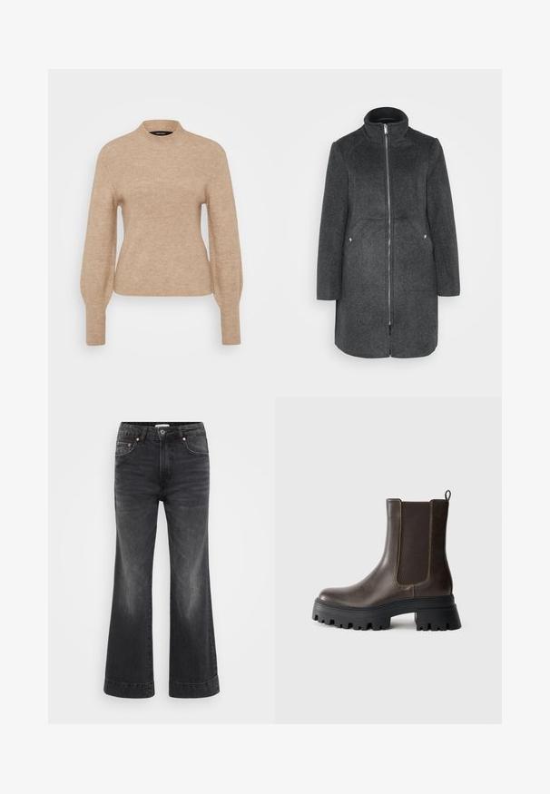 Manteau en mélange de laine gris foncé avec col montant, fermeture éclair à l'avant et deux poches latérales avec accents en argent. Silhouette droite, longueur genou.; Pull en maille beige avec un col haut et des manches longues, présentant une texture douce et une coupe ajustée. Le tissu semble léger et chaud.; Jean large noir à taille haute, en denim. Comprend des poches avant, des rivets en cuivre et des coutures visibles le long des ourlets.; Bottine en cuir marron avec des panneaux latéraux élastiques, semelle en caoutchouc noir épaisse, talon surélevé et détails de couture contrastés.