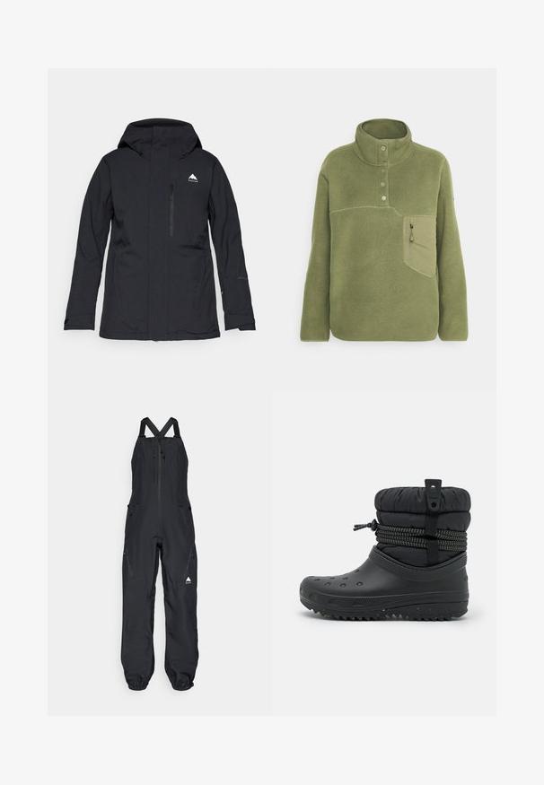Veste imperméable noire avec capuche, poche avant zippée et poignets élastiques. Présente un logo blanc discret sur le côté supérieur gauche.; Pull en polaire vert olive avec un col montant, trois boutons et une poche poitrine zippée. Texture douce avec des détails de couture contrastants.; Salopette noire imperméable avec bretelles réglables, fermeture zippée à l'avant, deux poches latérales et poignets élastiques aux chevilles.; Botte noire imperméable avec une forme arrondie, haut rembourré, semelle à grip texturé et cordon de serrage à la cheville pour un ajustement réglable.