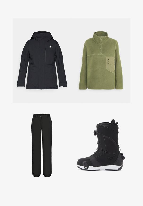 Chaqueta impermeable negra con capucha, bolsillo frontal con cremallera y puños elásticos. Presenta un logo blanco sutil en la parte superior izquierda.; Sudadera de forro polar verde oliva con un cuello alto, tres botones y un bolsillo en el pecho con cremallera. Textura suave con detalles de costura en contraste.; Pantalones impermeables negros con corte recto, puños elásticos, bolsillos frontales con cremallera y cierre de botón. Textura suave con acabado mate.; DC Shoes LOTUS STEP ON - Botas para la nieve - black