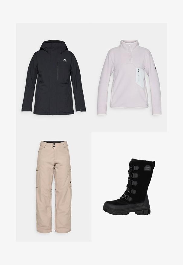 Sort vandtæt jakke med hætte, lynlåslomme foran og elastiske manchetter. Har et diskret hvidt logo på øverste venstre side.; Lyse lilla fleecepullover med høj krave, tre knapper foran og en hvid lynlåslomme på brystet. Har kontrasterende hvidt trim.; Beige cargo bukser med en afslappet pasform, lavet af vandafvisende stof. Har to sidelommer, en lynlås i kanten og knaplukning.; Sorte vandtætte vinterstøvler med overdel i ruskind, pelskrave og gummisål. Har snørebåndsdesign med hexagonale snørehuller og logo-patch.