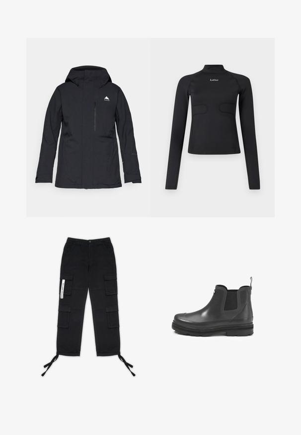 Veste imperméable noire avec capuche, poche avant zippée et poignets élastiques. Présente un logo blanc discret sur le côté supérieur gauche.; Haut ajusté à manches longues noir avec col montant et logo "LeGer" blanc centré sur la poitrine, le tout sur fond blanc.; Pegador TANAMI WIDE PANTS - Pantalon cargo - black; Bottines Chelsea en caoutchouc noir avec panneaux latéraux élastiques, semelle épaisse, bout arrondi et tirant à l'arrière. Texture lisse avec finition mate.