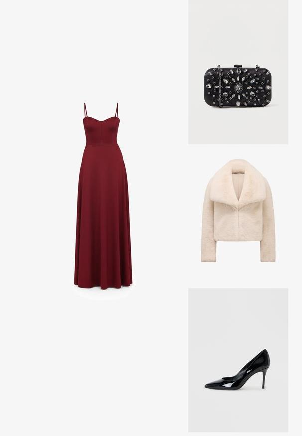 Veste en fausse fourrure ivoire, courte et coupée, avec un large col doux et des manches longues. Équipée d'une fermeture frontale élégante et d'une surface texturée et pelucheuse.; Robe maxi bordeaux sans manches avec corsage ajusté, fines bretelles et jupe évasée sur fond blanc.; Escarpin en cuir verni noir avec un bout pointu et un talon aiguille délicat. Texture lisse avec un fini brillant et un design minimaliste.; Pochette noire de forme rectangulaire, ornée de divers strass disposés en motifs floraux, dotée d'une chaîne en argent pour le transport.
