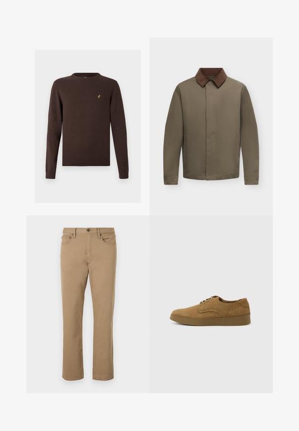Veste homme vert olive avec col en velours côtelé marron, manches longues et fermeture frontale dissimulée sur un fond clair uni.; Pull marron tricoté à manches longues, col rond et ourlets côtelés. Présente un petit logo d'oiseau doré sur la poitrine.; Pantalon beige à jambes droites avec bouton frontal, fermeture éclair, passants de ceinture et design à cinq poches sur fond blanc.; Chaussure décontractée à lacets en daim marron avec semelle en caoutchouc plate, vue de côté sur un fond clair uni.