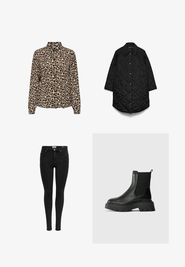 Zwarte lange gewatteerde jas met kraag, knoopsluiting, zijzakken en stiksel in diamantvormig patroon.; JDY JDYBROOKE LS NOOS - Overhemdblouse - pumice stone; Zwarte skinny jeans met voorzakken, riemlussen en knoopsluiting, weergegeven tegen een witte achtergrond.; Zwarte leren enkelboot met elastische zijpanelen, chunky rubberen zool en trekhaak. Heeft een gladde afwerking en geribbelde accenten.
