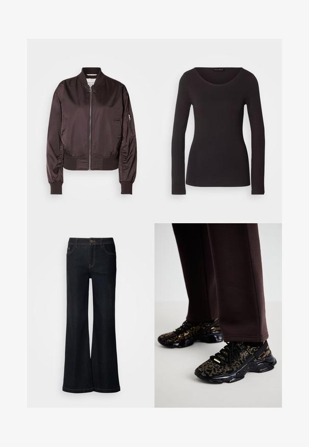 Veste bomber marron foncé en tissu brillant et lisse. Elle dispose d'une fermeture éclair, de poignets côtelés et d'une poche latérale avec un détail zippé.; Haut noir à manches longues en tissu lisse avec un col rond et une silhouette ajustée ; ne présente aucun motif ni accent.; Mos Mosh MMDARA DELUXE JEANS - Jean boyfriend - dark blue; Des baskets noires avec des éclats dorés, une surface texturée et une semelle noire épaisse. Associées à un pantalon de survêtement brun, montrant un design ajusté.