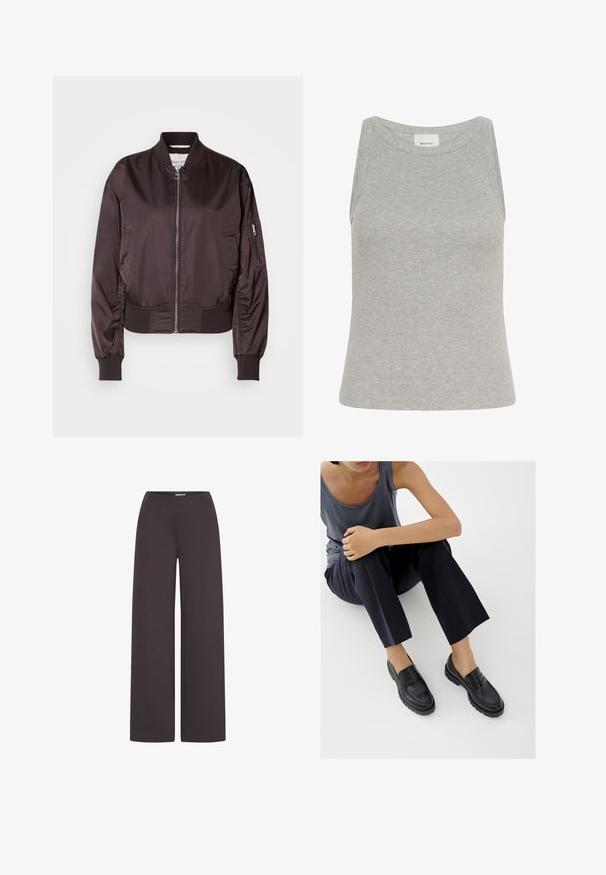 Veste bomber marron foncé en tissu brillant et lisse. Elle dispose d'une fermeture éclair, de poignets côtelés et d'une poche latérale avec un détail zippé.; Débardeur gris côtelé avec un col rond et un design sans manches. Fabriqué en tissu doux, il présente une silhouette ajustée et des coutures minimales.; ICHI IHKATE WIDE PA2 - Pantalon classique - chocolate torte; Mocassins en cuir noir avec accents texturés, talon bas, bout arrondi, et coutures visibles. Modèle portant un pantalon sombre et un haut gris.