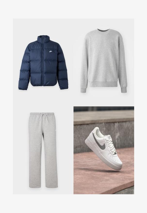 Donkerblauwe gewatteerde jas met rits over de hele voorkant en Nike-logo op de linkerborst, met een hoge kraag en lange mouwen.; Grijze sweatshirt van zachte stof, met een ronde hals, geribde boorden en zoom, en een subtiele logo-accent op de voorkant.; Grijze joggingbroek met een elastische tailleband en trekkoord. Gemaakt van zachte stof, met rechte pijpen en subtiel logodetail.; Witte Nike Air Force 1 sneaker met grijs swoosh-logo zwevend boven een stenen oppervlak en een grijze stenen muur op de achtergrond.