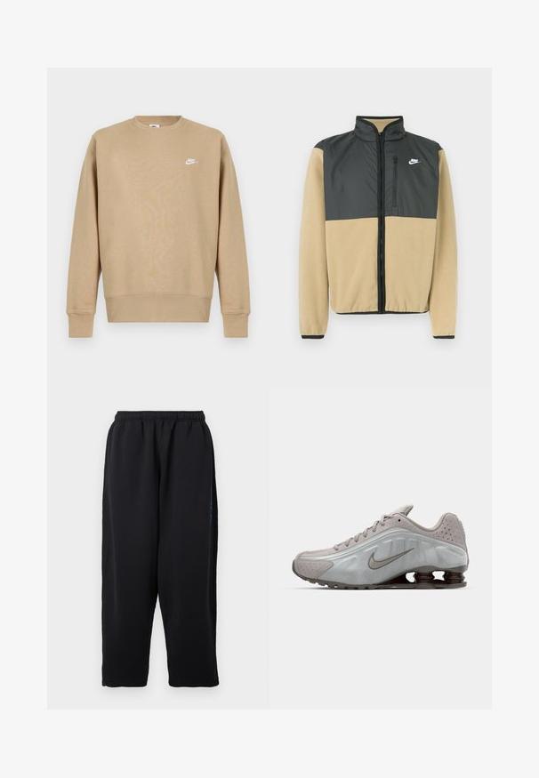 Chaqueta de forro polar de Nike con un diseño dividido, parte superior en gris carbón y parte inferior en beige, bolsillo con cremallera y cuello alto.; Sudadera Nike en color beige con cuello redondo, mangas largas y un logo blanco en el pecho. La tela parece suave con una textura lisa.; Pantalones deportivos negros de tela suave, con cintura elástica, piernas anchas y bolsillos laterales con sutiles detalles en azul.; Zapatilla de running de Nike en gris claro con una textura suave, diseño curvado y muelles de amortiguación visibles en marrón oscuro en el talón.