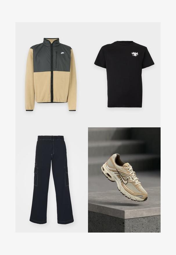 Chaqueta de forro polar de Nike con un diseño dividido, parte superior en gris carbón y parte inferior en beige, bolsillo con cremallera y cuello alto.; Camiseta negra de manga corta con un pequeño gráfico blanco de estilo graffiti en el área izquierda del pecho.; Pantalones cargo negros de pierna ancha, con dos bolsillos laterales, costuras en contraste y una cinturilla estándar. Material de algodón suave.; Zapatilla de running Nike beige y blanca con paneles de malla y el swoosh negro, flotando sobre un borde de hormigón con escaleras desenfocadas al fondo.