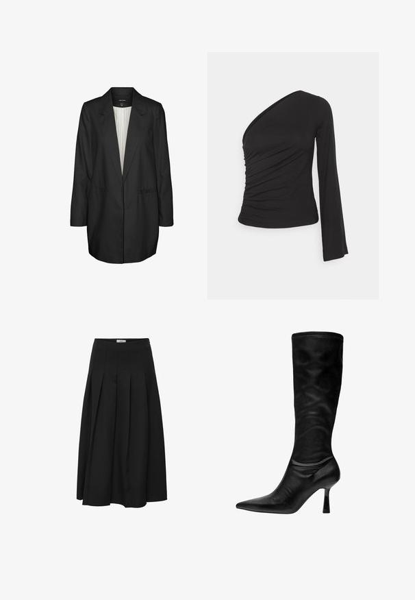 Zwarte op maat gemaakte blazer van gladde stof. Heeft een geknipt revers, lange mouwen en twee voorzakken. Binnenkant gevoerd met lichte stof.; Asymmetrisch langslievend top in zwart, met een geraapte zijkant voor textuur en een aansluitende silhouette. Gemaakt van zachte, rekbare stof.; Zwarte plissé midi rok gemaakt van gladde stof. Heeft een hoge taille en een vloeiende silhouet met netjes gestikte plooien.; Zwarte leren kniehoge laars met een spitse neus, slanke hak en een zachte, gladde textuur. Kenmerkt zich door een aansluitend ontwerp en minimalistische stiksels.