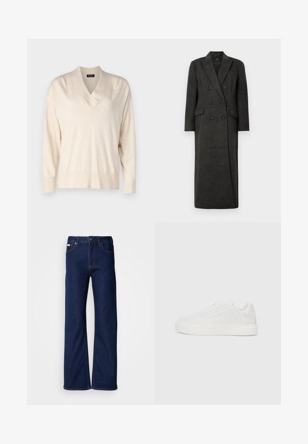 Manteau en laine double boutonnage de couleur gris foncé avec des revers crantés et des poches à rabat, présenté sur un fond blanc uni.; Pull beige avec un col en V et des manches longues. Fabriqué en tissu doux et léger. Présente une coupe décontractée et des poignets et un ourlet côtelés.; Jeans en denim bleu foncé avec un design à jambes larges, une coupe droite, cinq poches et une fermeture éclair à l'avant. Détails de surpiqûres le long des coutures.; Baskets blanches basses avec une semelle plate, dessus en synthétique lisse, bout arrondi et couture ton sur ton. Présente un système de laçage et une marque sur le côté.