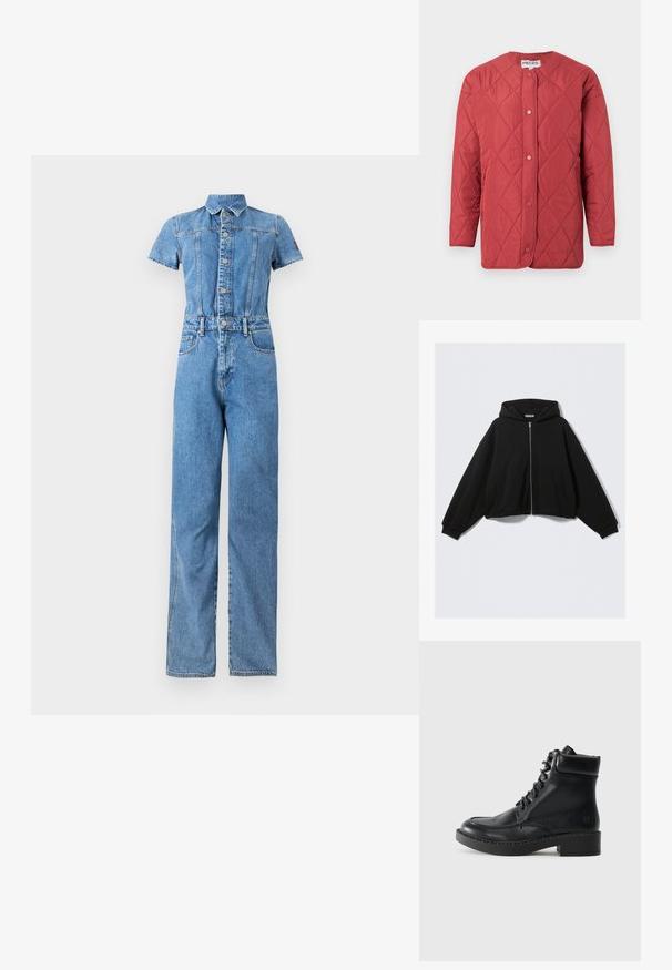 Veste matelassée rouge avec un col rond, une fermeture à boutons-pression, des poches latérales et une texture lisse.; Jupe en denim à manches courtes, fermeture boutonnée à l'avant, taille ceinturée et deux poches avant. Tissu bleu clair délavé avec des coutures verticales.; Sweat-shirt à capuche noir avec fermeture éclair complète, coupe ample, manches longues, poches latérales et poignets côtelés. Confectionné en tissu doux et texturé.; Bottine en cuir noir avec une finition lisse, un embout rond et un système de laçage. Elle dispose d'un talon bloc et est accentuée par des détails de couture.
