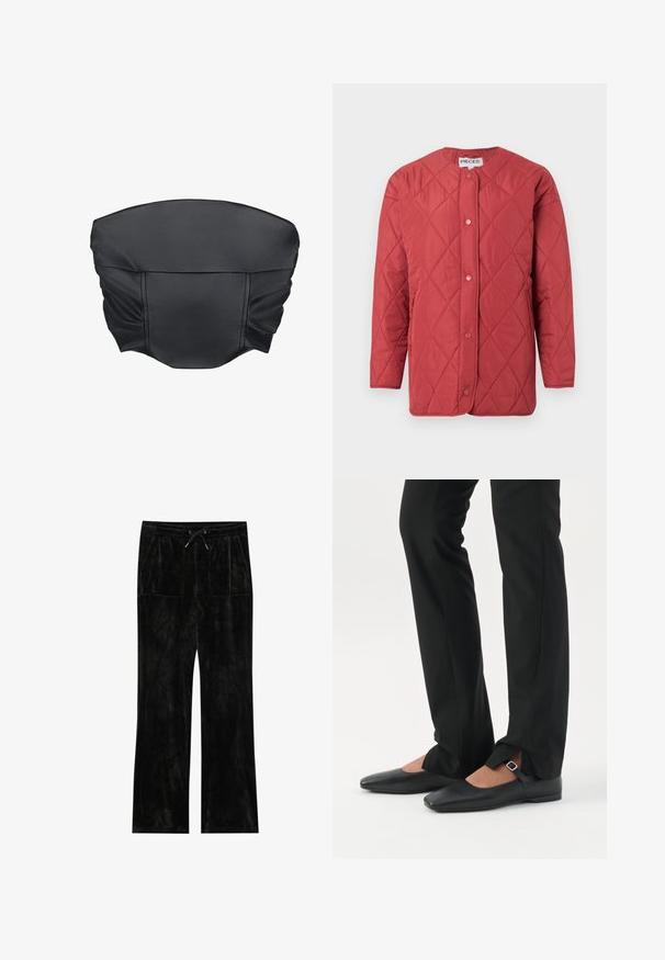 Rode doorgestikte jas met een ronde halslijn, drukknopen aan de voorkant, zijzakken en een gladde textuur.; Zwarte nep leren cropped top met geplooide textuur en een gestructureerde vorm, met een gladde oppervlakte en minimale stikdetails.; Zwarte velours broek met een zachte textuur, wijde pijpen, elastische tailleband, koordsluiting en twee voorzakken.; Benen met zwarte smalle broek met voorsplitten aan de zoom, gecombineerd met zwarte platte Mary Jane-schoenen met een klein gespje.
