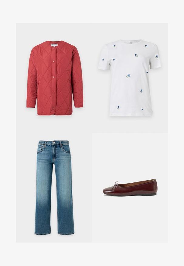 Rød quiltet jakke med rund halsudskæring, trykknaplukning, sidelommer og en glat tekstur.; Hvid kortærmet t-shirt med små, spredte blå blomsterbroderier og grønne stilke, rund hals, ensfarvet baggrund.; Blå cowboy jeans med vidde ben, knap- og lynlåslukning, forlommer og bæltestropper på lys baggrund.; Bordeaux patentlæder balletflad med rund tå, lille sløjfeaccent foran og en lav, sort gummisål. Glat tekstur.