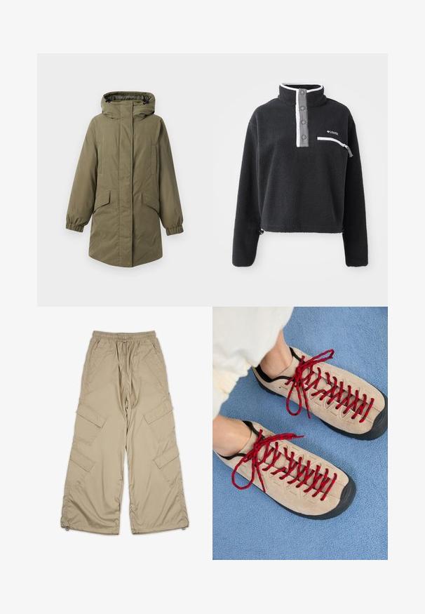 Parka verde oliva con capucha, con puños elásticos y bolsillos laterales. Textura suave, corte recto y cierre frontal de cremallera.; Sudadera de forro polar negra con cuello de media cremallera, que presenta un bolsillo en el pecho y acentos en blanco y gris contrastantes. Textura suave, diseño recortado.; Pantalones cargo beige con cintura ajustable, múltiples bolsillos laterales y un corte relajado. Hechos de una tela ligera y suave con detalles de costura.; Zapatos beiges con cordones rojos, colocados sobre una superficie texturizada azul, que revelan parcialmente el tobillo de una persona. Los zapatos tienen un diseño deportivo.