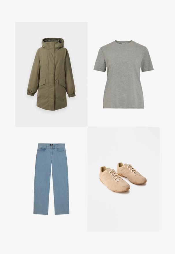 Parka verde oliva con capucha, con puños elásticos y bolsillos laterales. Textura suave, corte recto y cierre frontal de cremallera.; Camiseta gris de algodón con cuello redondo clásico, mangas cortas y textura suave, ideal para un uso casual.; Vaqueros azul claro, corte holgado, tejido de denim, diseño de cinco bolsillos, cierre de botón, perneras rectas, costuras visibles, sin patrones ni acentos.; Zapatillas deportivas beige con un upper de ante texturizado, suela de goma curvada prominente y cierre de cordones. Presenta detalles en relieve en los laterales.