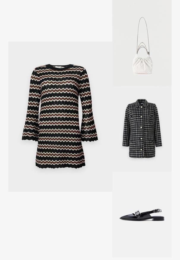 Mørkeblå og hvid ternet blazer lavet af tekstureret stof, med krave, lange ærmer, forlommer og dekorative knapper.; Sort, hvid og brun zigzag-mønstret strikkjole med klokkeærmer og rund halsudskæring, der har et tekstureret åbent vævdesign.; Sort laklæder flat sko med spids tå, dobbelte sølvspænder og slingback-hæl på hvid baggrund.; Hvid quiltet håndtaske med en samlet top, der har blandede kædestropper i sølv og guld. Blød tekstur og kompakt, rund form.