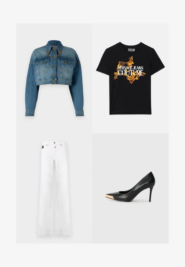 Versace Jeans Couture Teksajakk - indigo; Must musta T-särk, millel on valge tekst "VERSACE JEANS COUTURE" ja elegantne kuldne disain teksti ümber, lühikesed varrukad, ümar kaelus.; Valged laia säärega teksad esitaskute, vöökohtade ja kuldsete nuppudega, ühtlasel taustal.; Mustmust suured mõõgapead; pöidla kurgus on metallist kullatooni aktsent. Sile pind ja peen disain.