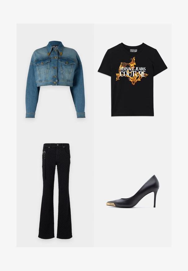 Versace Jeans Couture Teksajakk - indigo; Must musta T-särk, millel on valge tekst "VERSACE JEANS COUTURE" ja elegantne kuldne disain teksti ümber, lühikesed varrukad, ümar kaelus.; Mustad mustad teksapüksid, millel on tekstuuriga kangas ja õrn muster, hõbedase värvusega detailid ning esimesed taskud. Tõmblukk külgedel.; Mustast nahast kõrgete kontsadega king, terava varbaga, kullast metallist otsaga, millele on graveeritud "Versace Jeans Couture", nähtav küljelt valgel taustal.