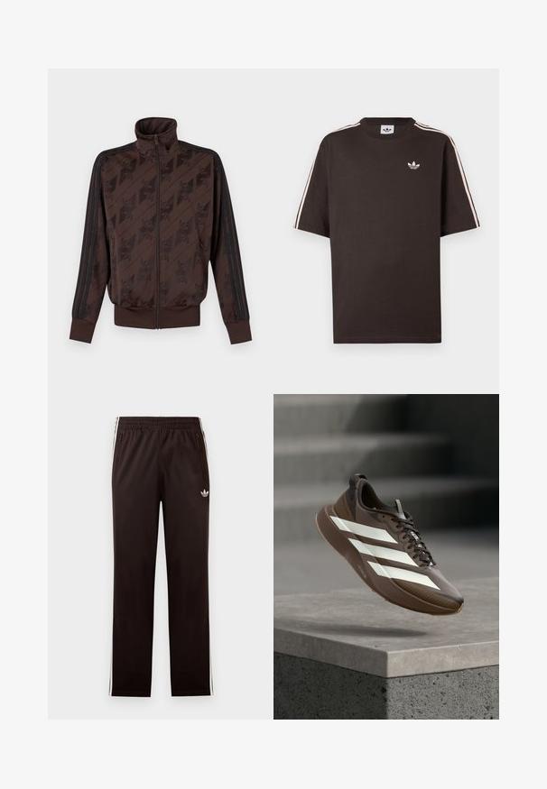 Brown zip-up track jacket with high collar, black diagonal logo pattern, and black stripes running down the full length of the sleeves.; Brown cotton t-shirt with short sleeves, featuring white stripes on the shoulders and a small white logo on the chest.; Black Adidas track pants with elastic waistband, white side stripes, zippered pockets, and small trefoil logo on left thigh.; Brown athletic shoe with white stripes and black laces floating above a concrete ledge with gray stairs in the background.