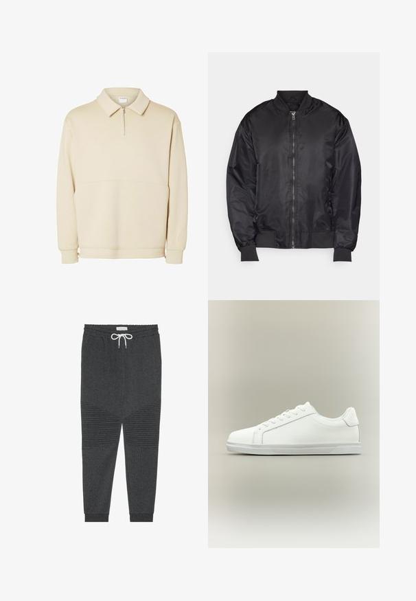 Must beež bomber-jakk, mis on valmistatud siledast ja kergest kangast. Omab esist zipperit, soonikkoe mansette ja püsti kraed. Minimalistlik disain.; Beige pullover särk pehmest kangast, millel on lukuga kaelus, krae ja vabalt langev lõige koos lihtsa horisontaalse õmbluse detailiga.; Pier One Dresside alumine osa - mottled dark grey; Madal valge tennisejalanõu paeltega esiküljel ja tekstuuriga kummist tallaga, neutraalse ühevärvilise tausta ees.