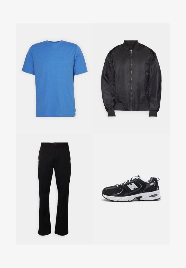 Zwarte bomberjack van glad, lichtgewicht stof. Voorzien van een ritssluiting aan de voorkant, ribgebreide manchetten en een opstaande kraag. Minimalistisch ontwerp.; Korte mouwen, ronde hals t-shirt in effen blauw. Gemaakt van zachte, ademende stof met een gladde textuur en zonder patronen of accenten.; Zwarte, rechte broek van een gladde stof. Heeft een knoopsluiting, riemlussen en zijzakken. Eenvoudig ontwerp zonder patronen.; Zwarte en grijze sport schoenen met een bovenwerk van mesh en suede, voorzien van een witte tussenzool, veters en een gedurfde "N"-logo aan de zijkant.