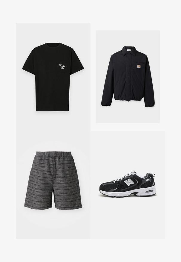 Μαύρο μπουφάν Carhartt με μυτερό γιακά, εμπρόσθιο φερμουάρ, δύο πλαϊνές τσέπες και μία μικρή τσέπη στο στήθος με λογότυπο.; Μαύρο βαμβακερό t-shirt με στρογγυλή λαιμόκοψη, κοντά μανίκια και τσέπη στο στήθος με λευκό κεντητό κείμενο. Απλό σχέδιο, κλασική εφαρμογή.; Γκρι σορτς με ελαστική μέση, κατασκευασμένα από υφασμάτινο υλικό με υφή και οριζόντιες ρίγες. Μήκος μέχρι το μέσο του μηρού και χαλαρή εφαρμογή.; Μαύρα και γκρι αθλητικά παπούτσια με ανώτερο μέρος από δίχτυ και σουέτ, διαθέτοντας λευκή ενδιάμεση σόλα, κορδόνια και έντονο λογότυπο "N" στο πλάι.