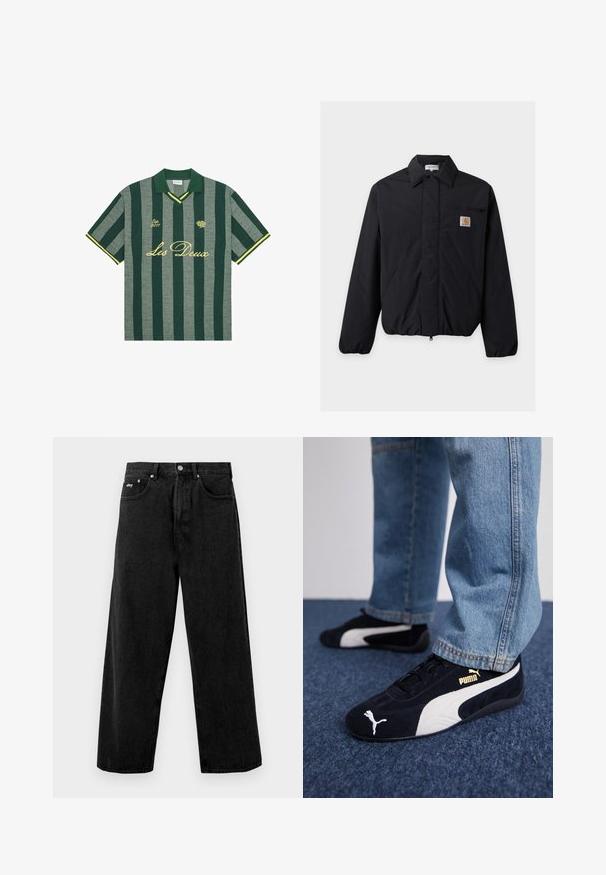 Μαύρο μπουφάν Carhartt με μυτερό γιακά, εμπρόσθιο φερμουάρ, δύο πλαϊνές τσέπες και μία μικρή τσέπη στο στήθος με λογότυπο.; Πράσινο και γκρι κατακόρυφη ριγέ κοντομάνικο πόλο πουκάμισο με το κείμενο "Les Deux", "Est. 2011" και ένα μικρό έμβλημα τριαντάφυλλου σε κίτρινη κεντητική.; Μαύρα παντελόνια τζιν σε φαρδιά γραμμή, κατασκευασμένα από denim, με κουμπωτή τζέπη και μπροστινές τσέπες. Λεπτή λογότυπο μάρκας στη ζώνη. Ματ υφή.; Μαύρα σουέτ αθλητικά παπούτσια με λευκές λεπτομέρειες, featuring χρυσό λογότυπο. Φορεμένα με ανοιχτό μπλε τζιν παντελόνι και τοποθετημένα σε μια υφή μπλε επιφάνειας.