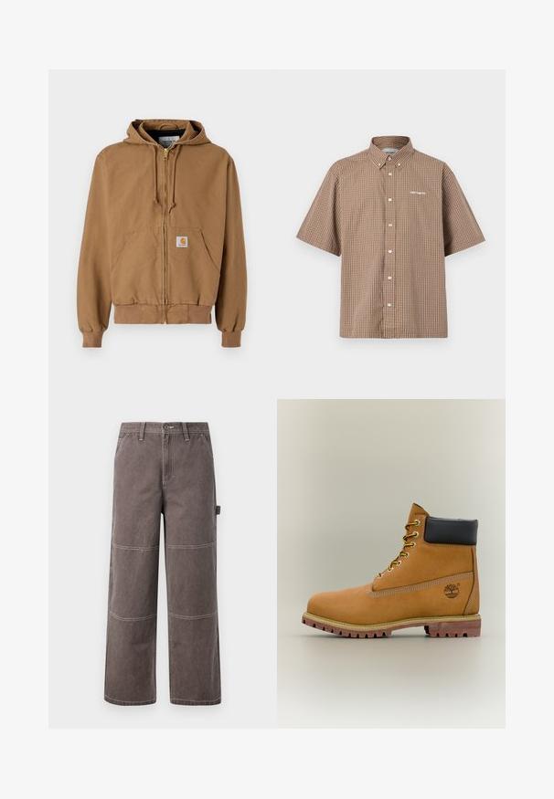 Haut à capuche zippé marron en coton, avec une poche frontale, des cordons réglables et un patch logo carré sur la poche gauche.; Chemise à manches courtes marron et crème avec un motif à carreaux, un col et un logo brodé sur la poitrine gauche.; Pantalons larges de couleur marron délavée, fabriqués en tissu durable avec des coutures contrastées. Présente des détails en panneaux et une poche latérale.; Bottine en cuir marron avec col noir, lacets jaunes et semelle beige. Présente un logo et des détails de couture blanche. Semelle extérieure à traction robuste.