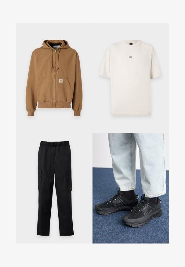 Hnedá mikina na zips vyrobená z bavlny, s prednou kapsou, nastaviteľnými šnúrkami a štvorcovou nášivkou na ľavej kapse.; Oakley RISE TEE - Základné tričko - mist; Čierne cargo nohavice s elastickým pásom, nastaviteľným opaskom, viacerými bočnými vreckami a hladkou, ľahkou textúrou látky.; Čierne športové topánky s textúrovanou tkaninou a gumovou podrážkou, so elastickými šnúrkami a modrým akcentom na päte. Nosia sa s svetlými riflami.