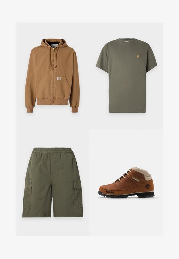 Haut à capuche zippé marron en coton, avec une poche frontale, des cordons réglables et un patch logo carré sur la poche gauche.; T-shirt à col rond vert olive, manches courtes, en coton, avec un petit logo orange sur le côté gauche de la poitrine.; Short cargo vert olive avec taille élastique et poches à rabat des deux côtés, en tissu léger.; Bottillon de randonnée en cuir marron avec un col beige, une semelle en caoutchouc noir et des œillets dorés. Présente un logo Timberland sur le côté.