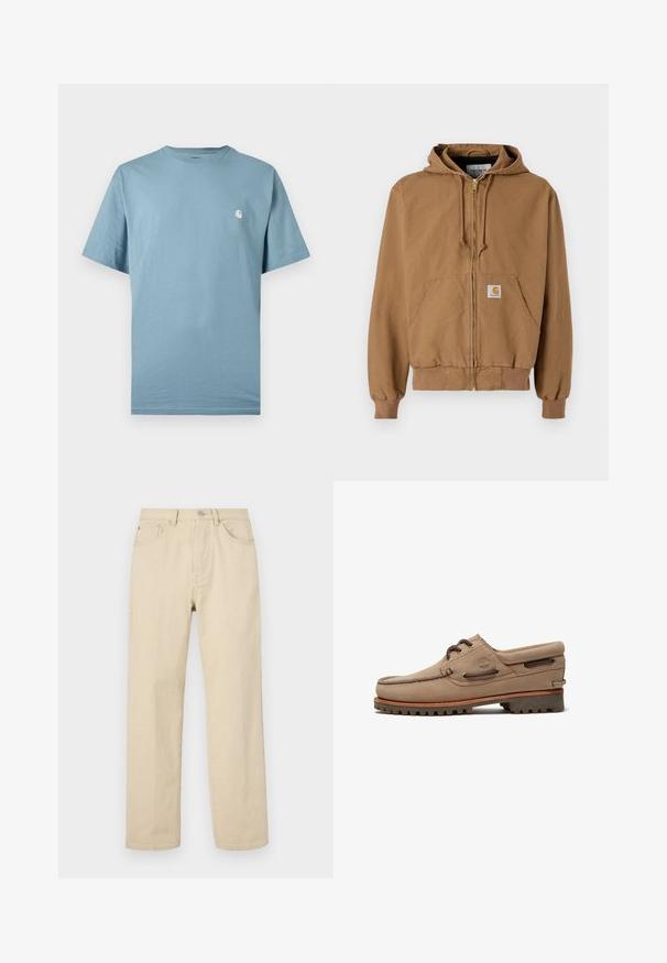 Mikasa marrón con cremallera hecha de algodón, con un bolsillo frontal, cordones ajustables y un parche cuadrado de logo en el bolsillo izquierdo.; Camiseta azul claro de manga corta con cuello redondo y un pequeño logo blanco en el pecho izquierdo, mostrada sobre un fondo liso.; Pantalones vaqueros de algodón beige de pierna recta con cierre de botón, cinco bolsillos y costuras sutiles. Textura suave y detalles mínimos.; Zapato náutico beige de ante con cordones, suela resistente, cordones de cuero y cuello acolchado, mostrando el logo de Timberland en el lateral.