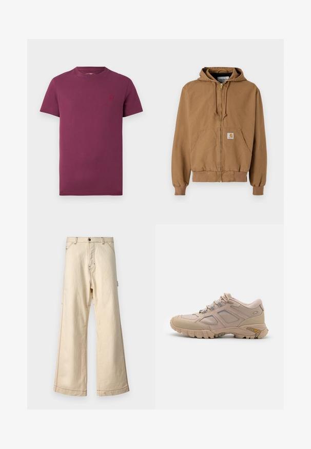 Mikasa marrón con cremallera hecha de algodón, con un bolsillo frontal, cordones ajustables y un parche cuadrado de logo en el bolsillo izquierdo.; Camiseta de manga corta burdeos de algodón, con cuello redondo y un pequeño logo bordado en el lado izquierdo del pecho. Textura suave.; Pantalones de pierna ancha beige de algodón con cierre de cremallera y botón, que presentan costuras en contraste y bolsillos laterales.; Zapatilla deportiva beige con una parte superior de malla texturizada, superposición sintética y suela Vibram. Presenta un sistema de cordones y detalles en el panel lateral.