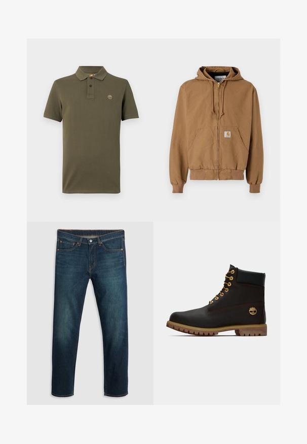 Mikasa marrón con cremallera hecha de algodón, con un bolsillo frontal, cordones ajustables y un parche cuadrado de logo en el bolsillo izquierdo.; Polo de color verde oliva, hecho de algodón, con cuello, tapeta de dos botones y un pequeño logo bordado en el pecho. Mangas cortas.; Jeans de mezclilla azul oscuro con pierna recta, cinco bolsillos, costuras de cobre y un logo en la parte posterior de la cinturilla. Textura suave y ajuste clásico.; Bota de cuero negro de tobillo con ojales dorados, acentos marrones y suela de goma. Presenta un cuello acolchado y un logotipo en relieve en el costado.