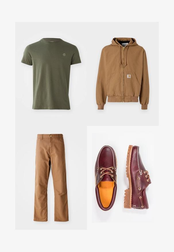 Bruine ritshoodie van katoen, voorzien van een voorzak, verstelbare koordjes en een vierkante logopatch op de linkerzak.; Olijf groene katoenen t-shirt met een ronde hals, korte mouwen en een klein geborduurd logo op de borst. Soepele textuur, klassieke pasvorm.; Bruine rechte broek met riemlussen, voorkant zakken, knoopsluiting en rits op een witte achtergrond.; Bordeaux leren schoenen met bruine rubberen zolen, ronde neus, witte stiksels en gouden veterogen. Het interieur heeft een gele voering.