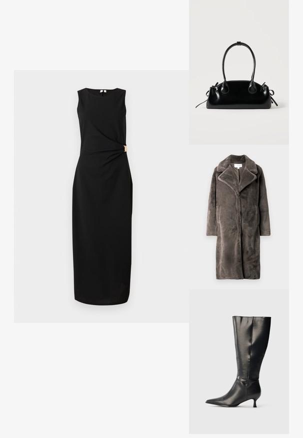 Grau gefütterter Kunstpelzmantel mit Schalkragen, langen Ärmeln und offener Vorderseite. Verfügt über eine weiche, plüschige Textur und zwei seitliche Taschen.; Ärmelloses schwarzes Midikleid mit Rundhalsausschnitt und seitlicher Drapierung, die mit einem goldenen Verschluss in der Taille befestigt ist.; Schwarzer kniehoher Lederstiefel mit spitzer Zehenpartie und niedrigem Kittenabsatz, präsentiert vor einem schlichten hellen Hintergrund.; Kleine schwarze glänzende Handtasche mit zwei langen Griffen und seitlichen Kordelzug-Details vor einfachem hellem Hintergrund.