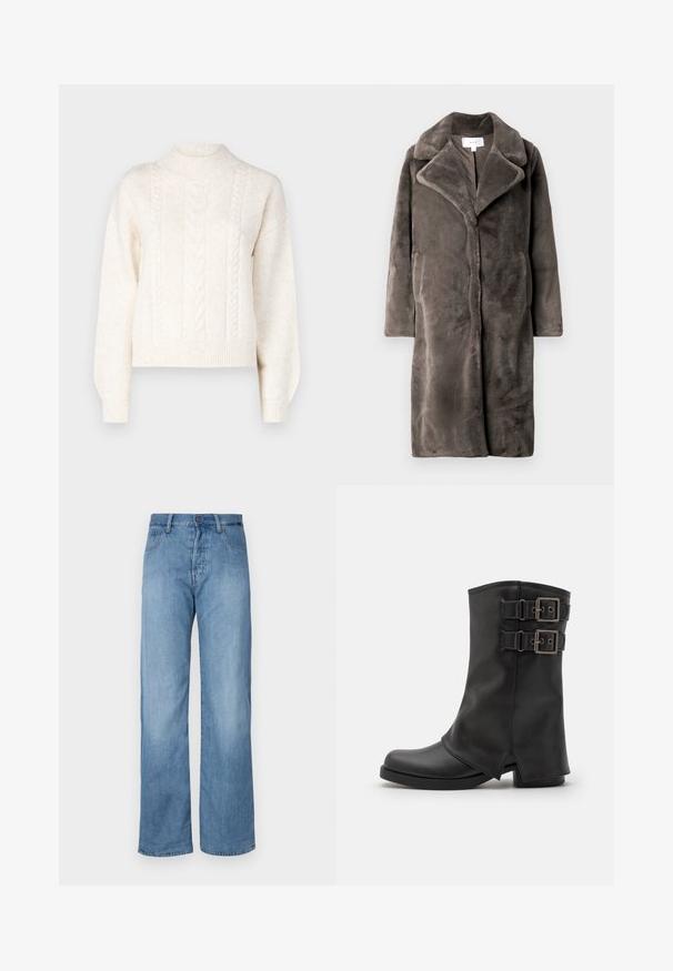 Harmaa keinoturkisviitta, jossa on huivi-kaulus, pitkät hihat ja avonainen etuosa. Tekstuuri on pehmeä ja ylellinen, ja siinä on kaksi sivutaskua.; JDY JDYSUSANNA PULLOVER - Neule - whitecap gray; Vaaleansiniset farkut leveällä lahkeella, joissa on klassinen viisi-taskumalli, napitus sulkemiseen ja hienovaraiset ompeluyksityiskohdat saumoissa.; Even&Odd Biker-/cowboysaappaat - black