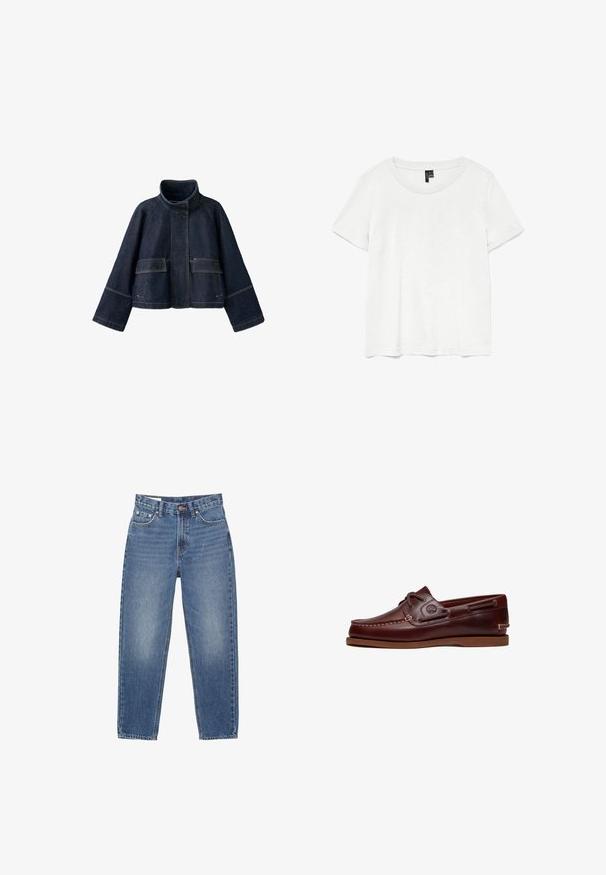 Dunkelblaue Jeansjacke mit hohem Kragen, vorderen Klappentaschen, weiten Ärmeln und sichtbaren Nähten auf weißem Hintergrund.; Weißes T-Shirt mit kurzen Ärmeln und rundem Ausschnitt, hergestellt aus leichtem Stoff. Schlichtes Design, glatte Textur und gerader Saum.; Blaue Jeans aus Denim mit geradem Bein, im Fünf-Taschen-Stil und sichtbaren Nähten auf weißem Hintergrund.; Brauner Leder-Bootsschuh mit Schnürsenkeln, Nahtdetails und Timberland-Logo an der Seite, auf weißem Hintergrund gezeigt.