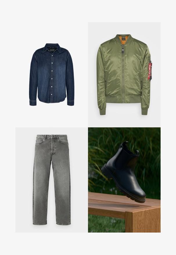 Olivenfarvet bomberjakke med satinfinish, ribstrikkede manchetter og nederste kant, lynlåslukning, sidelommer og et rødt stofmærke på ærmet.; Mørkeblå denimskjorte med knaplukning foran, lange ærmer, spids krave og kontrastsy detaljer.; Grå denimjeans med lige pasform, fem-lomme stil og let falming. Har en knaplukning og bæltesløjfer ved taljen.; Sort læder Chelsea-boot med rund tå, elastiske sidelapper, trækstropper og en tekstureret gummisål, placeret på en træoverflade.