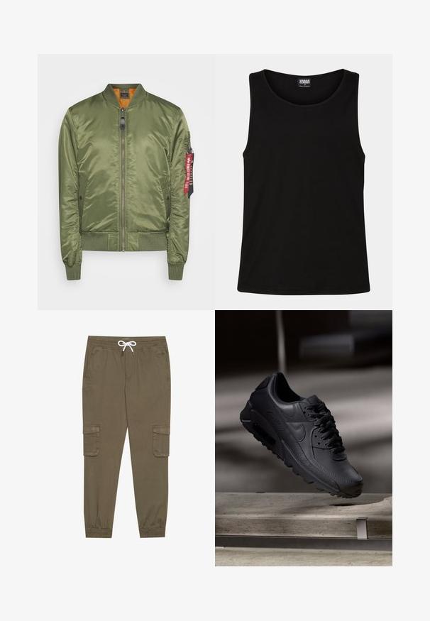 Chaqueta bomber verde oliva con acabado satinado, puños y dobladillo de canalé, cierre de cremallera, bolsillos laterales y una etiqueta de tela roja en la manga.; Top negro sin mangas hecho de suave tela de algodón. Presenta un escote redondo y aberturas amplias para los brazos, sin patrones ni acentos visibles.; Pantalones cargo caqui con cintura elástica y cordón, que cuentan con bolsillos laterales y tobillos ajustados. Fabricados en un material ligero y texturizado.; Zapatillas Nike Air Max negras con parte superior de cuero texturizado, suela de goma y un sistema de cordones prominente, que muestran un diseño elegante y moderno.