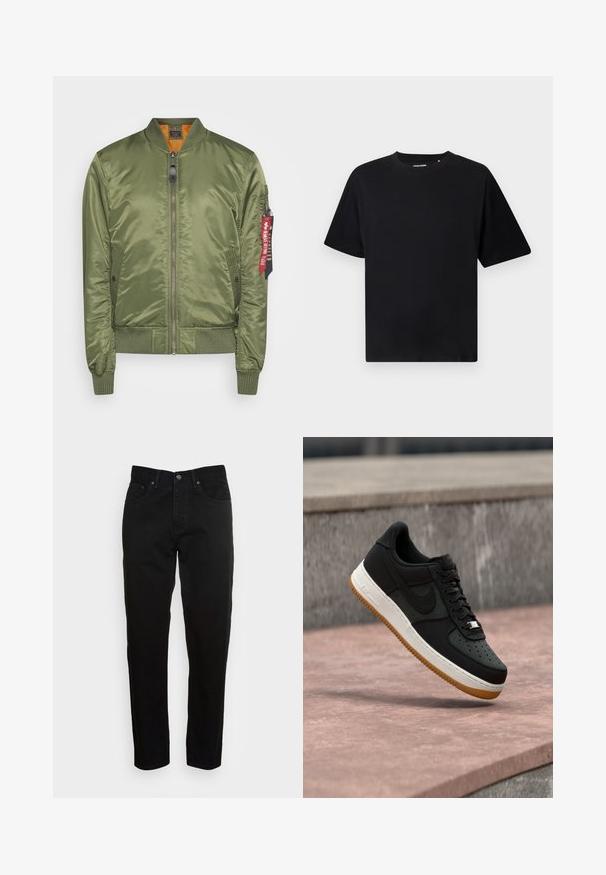 Chaqueta bomber verde oliva con acabado satinado, puños y dobladillo de canalé, cierre de cremallera, bolsillos laterales y una etiqueta de tela roja en la manga.; Camiseta negra de manga corta y cuello redondo con un corte relajado, exhibida sobre un fondo blanco.; Jeans negros ajustados con cierre de botón frontal y diseño de cinco bolsillos, mostrados sobre un fondo gris claro liso.; Zapatilla deportiva baja negra con entresuela blanca, suela de goma y logo Nike Swoosh, flotando sobre una superficie de concreto rosa con un fondo de muro de piedra.