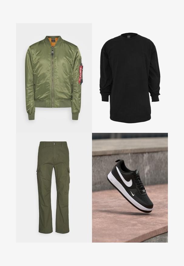 Olivenfarvet bomberjakke med satinfinish, ribstrikkede manchetter og nederste kant, lynlåslukning, sidelommer og et rødt stofmærke på ærmet.; Sort langærmet t-shirt lavet af bomuld. Har en rund halsudskæring og almindelig pasform. Glat tekstur uden synlige mønstre eller detaljer.; Cargo bukser i mørke olivengrøn med flere sidelommer, lige snit og et slidstærkt stof med en tekstureret overflade.; Sort-hvid Nike Air Force 1 sneaker svævende over en lyserød betonflade med en grå stenbaggrund.