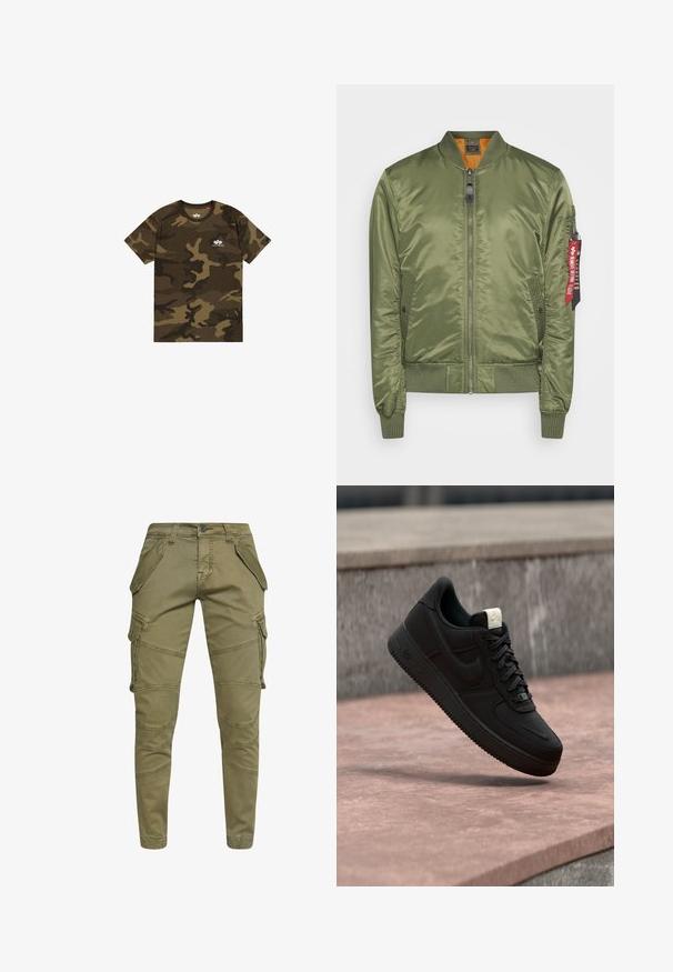 Olivenfarvet bomberjakke med satinfinish, ribstrikkede manchetter og nederste kant, lynlåslukning, sidelommer og et rødt stofmærke på ærmet.; Camo t-shirt i olivengrøn, brun og sort, korte ærmer, rund halsudskæring, med et lille hvidt logo på brystet. Blødt bomuldsstof.; Olivengrønne cargo-bukser lavet af blandingsbomuld med flere sidelommer, tapered design og detaljeret syning langs benene.; Sort Nike Air Force 1 sneaker, der svæver over en lyserød betonforkant med en grå stenet baggrund, som viser sidde- og topdetaljer.