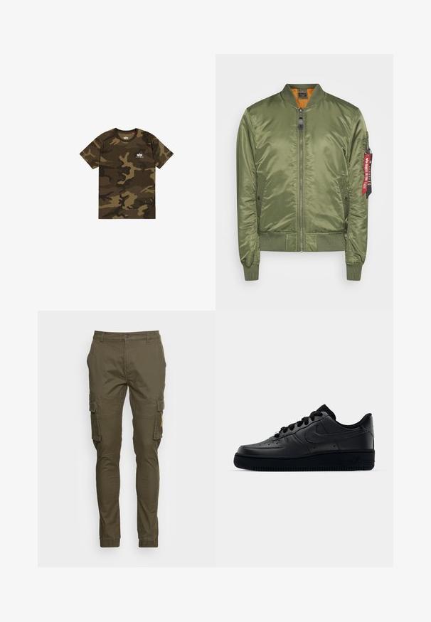 Chaqueta bomber verde oliva con acabado satinado, puños y dobladillo de canalé, cierre de cremallera, bolsillos laterales y una etiqueta de tela roja en la manga.; Camiseta de camuflaje en verde oliva, marrón y negro, de manga corta, con cuello redondo, presenta un pequeño logo blanco en el pecho. Material de algodón suave.; Pantalones cargo color verde oliva hechos de algodón, con bolsillos laterales, un ajuste slim y dobladillos ajustados. Parte delantera plana con cierre de botón.; Zapatilla Nike Air Force 1 negra con parte superior de cuero liso, puntera perforada para transpirabilidad, cordones negros y suela de goma texturizada.
