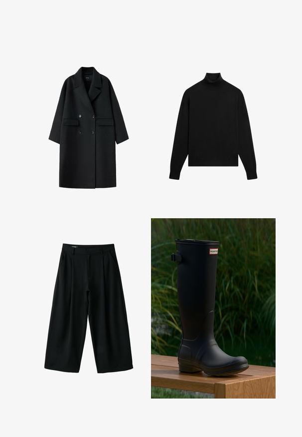 Schwarzer zweireihiger Wollmantel mit breitem Revers, zwei vorderen Pattentaschen und langen Ärmeln, flach auf weißem Hintergrund dargestellt.; Schwarzer Langarm-Pullover mit engem Rollkragen und gerippten Bündchen auf weißem Hintergrund.; Schwarze, weit geschnittene, gekürzte Hose mit Gürtelschlaufen, seitlichen Taschen, vorderen Falten und Knopfverschluss.; Schwarzer Gummistiefel bis zum Knie mit runder Zehe, leichtem Absatz und einer Schnallenriemen. Auf der Vorderseite befindet sich das "HUNTER"-Logo.