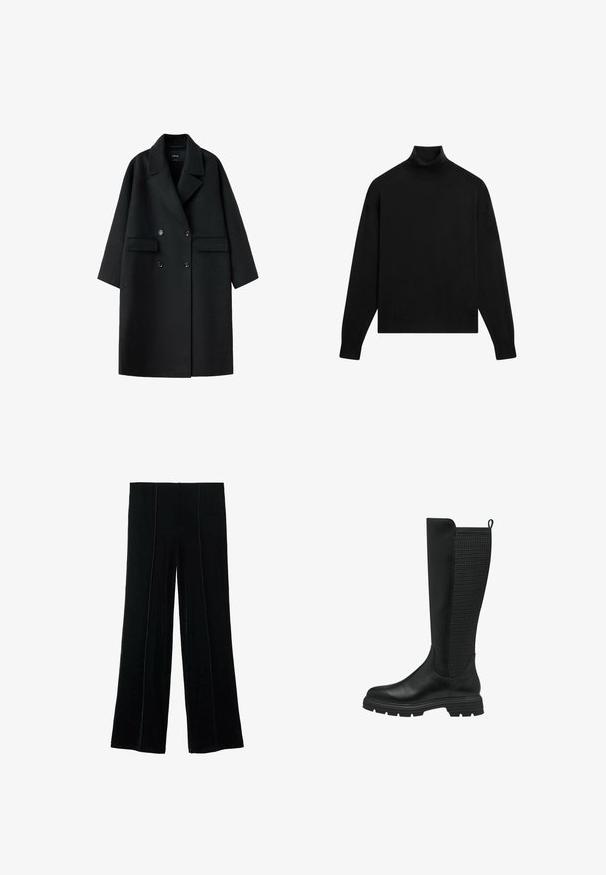 Manteau en laine noir à double boutonnage avec larges revers, deux poches avant à rabat et manches longues, présenté à plat sur fond blanc.; Pull noir à manches longues avec col roulé ajusté et poignets côtelés sur fond blanc.; Pantalons larges taille haute noirs en velours doux, avec des coutures verticales et une texture lisse, sans fermetures visibles.; Botte noire hauteur genou avec un devant en cuir lisse et un panneau en maille texturée à l'arrière, dotée d'une semelle en caoutchouc et d'une languette pour un enfilage facile.
