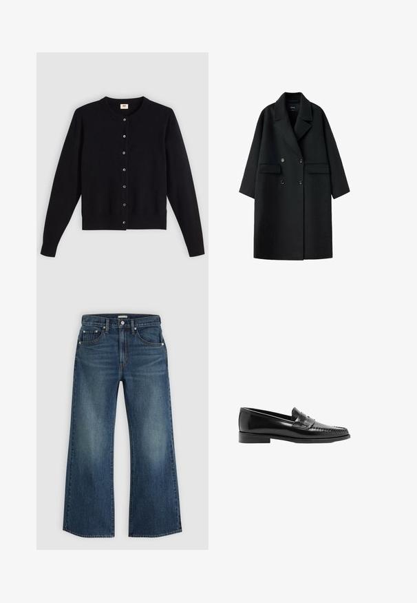 Manteau en laine noir à double boutonnage avec larges revers, deux poches avant à rabat et manches longues, présenté à plat sur fond blanc.; Cardigan noir avec un col rond, des manches longues et une fermeture à boutons sur le devant. Fabriqué en tissu doux avec des poignets et un ourlet côtelés subtils.; Jean en denim bleu avec une taille haute, des jambes larges et droites, des poches avant et une fermeture par boutons, présenté sur un fond clair uni.; Mocassin penny en cuir noir avec petit talon et surpiqûres moc toe, profil latéral sur fond blanc.